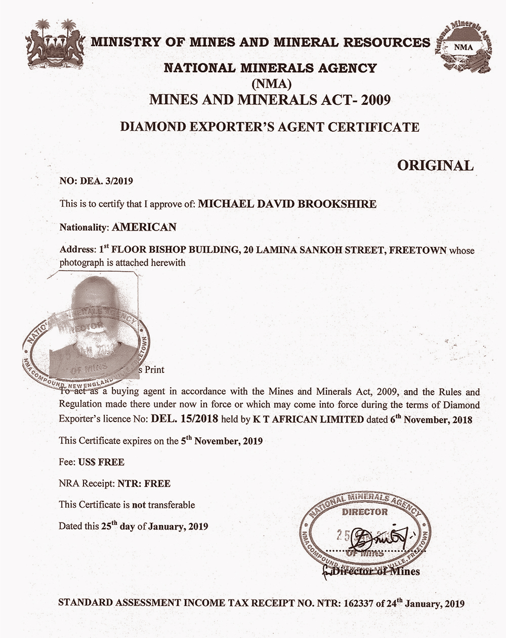 Exporter's Agent's Certificate 2019